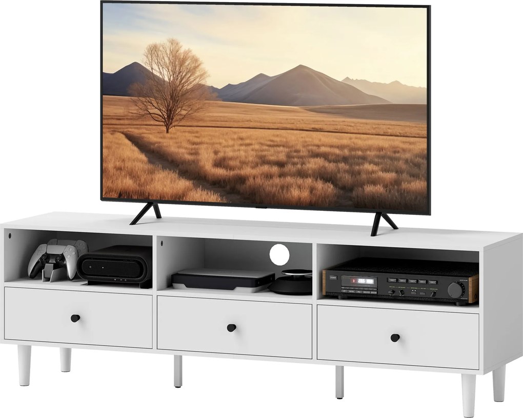 HOMCOM TV Szekrény TV Állvány Fiókokkal, 3 Nyitott Rekesszel, 140 cm hosszú TV Konsol Kábelkezelő Megoldással 75 hüvelykes TV-hez, TV Asztal Nappaliba