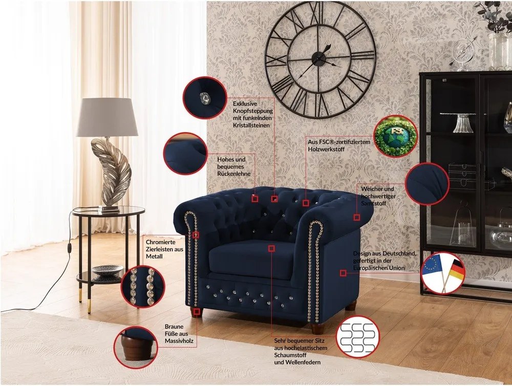 Kék bársony chesterfield fotel York Blik – Ropez