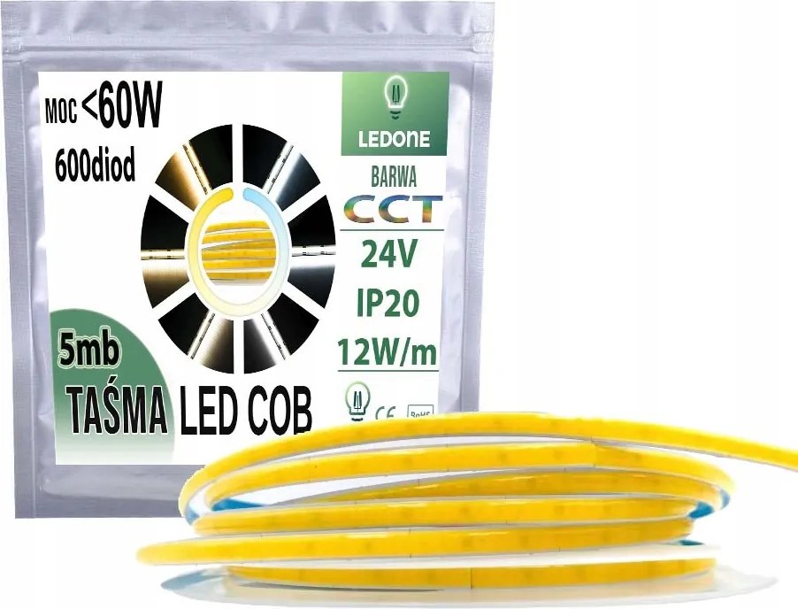 Cob Led szalag keskeny 5mm 24V 600 dióda/m 12W/mb vonal neon mutiwhite Cct 5m