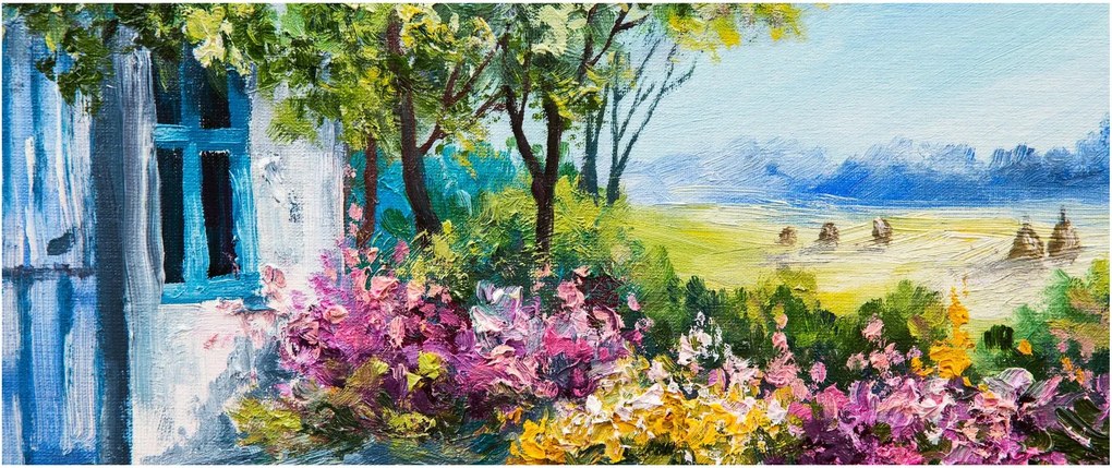 Kép a ház előtti kertről, olajfestmény (120x50 cm)