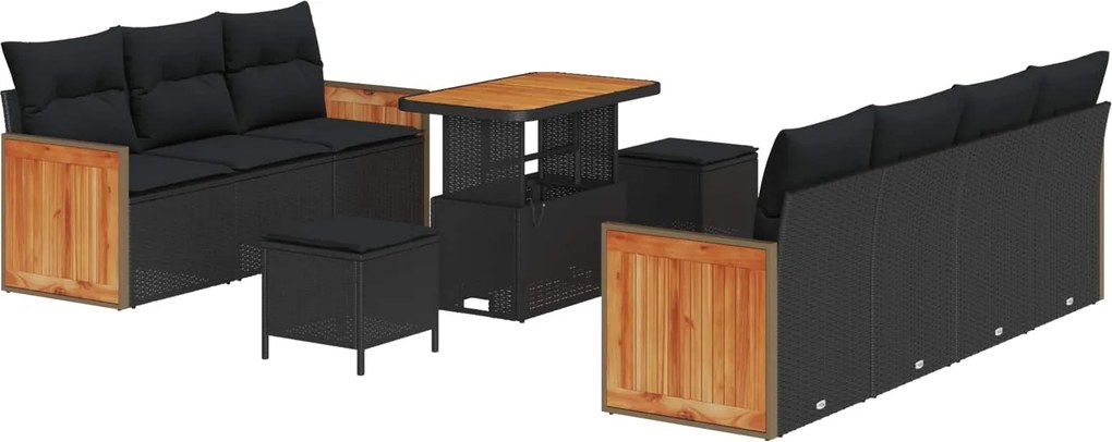 vidaXL Kerti Kanapé Szett 10 pcs Fekete Poli Rattan és Porfestett Acél