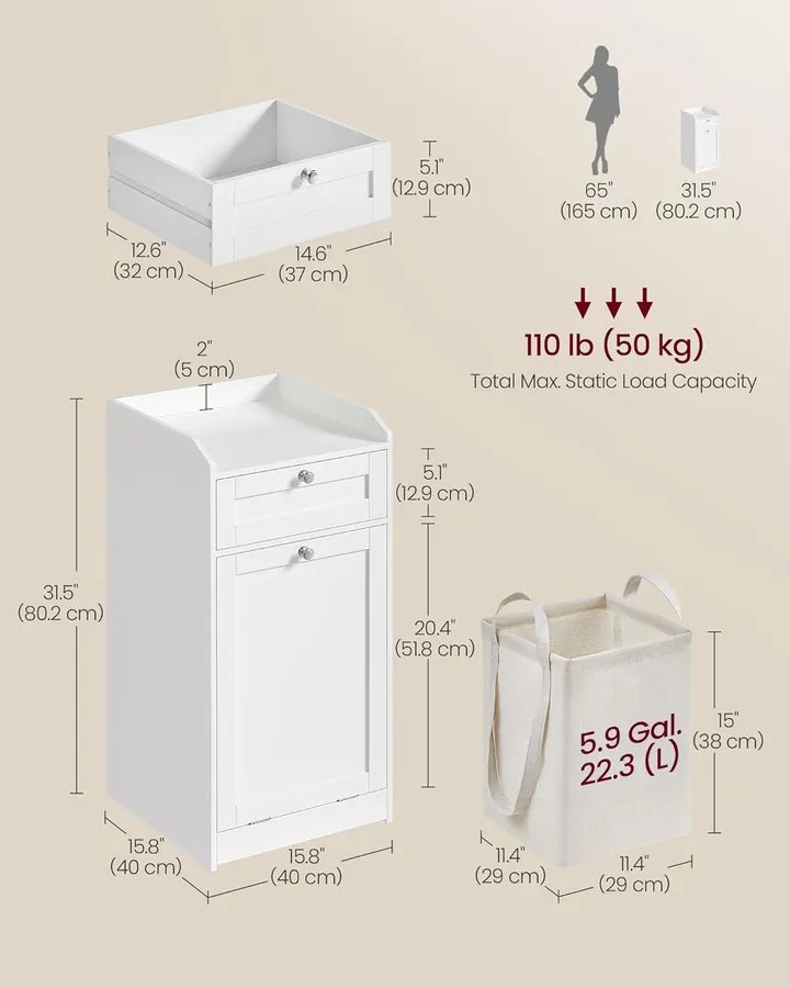 Fürdőszobai szekrény szennyeskosárral, fiókos fürdőszobai szekrény, felhőfehér