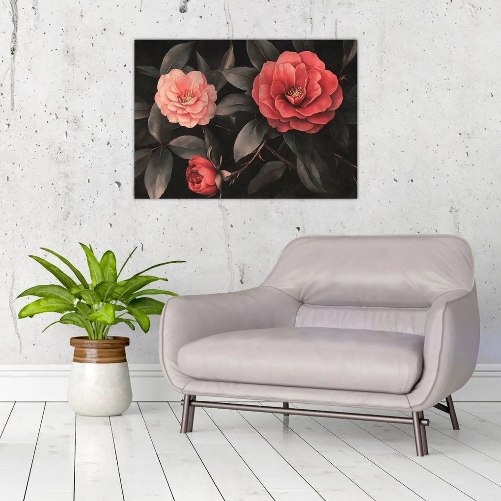 Üveg kép - Vörös virágok sötét háttér előtt (70x50 cm)