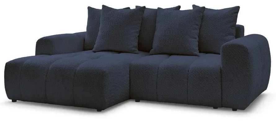 Kék buklé kinyitható-tárolóhelyes sarokkanapé (bal oldali-heverő résszel) Roxelane – Bobochic Paris