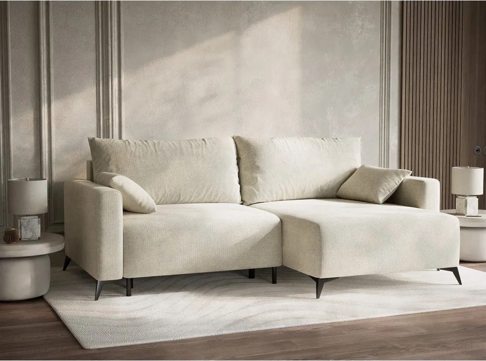 Krémszínű zsenília kinyitható-tárolóhelyes sarokkanapé (jobb oldali-heverő résszel) Leon – Maison de Rêve