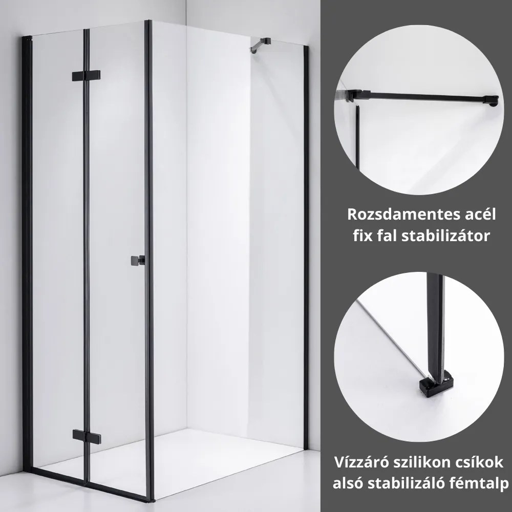 Stuxi Verona Black 70x110 aszimmetrikus csuklóajtós zuhanykabin 6 mm vízlepergető biztonsági üveggel, fekete