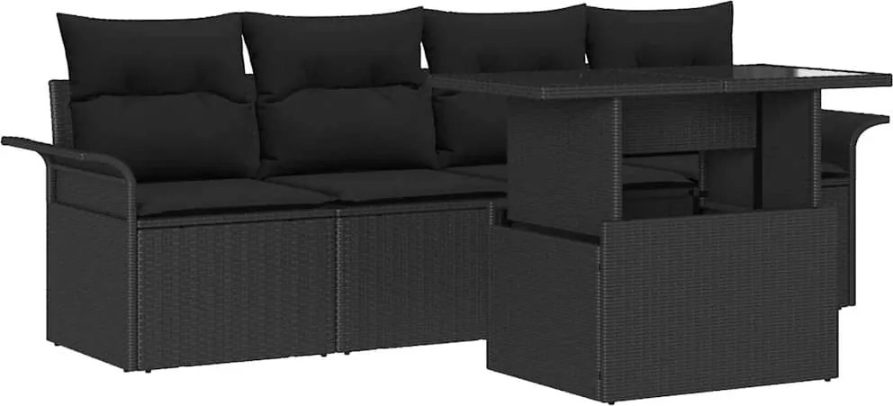 vidaXL Kerti Kanapé Szett párnával tárolóval 5 pcs Fekete Poly Rattan