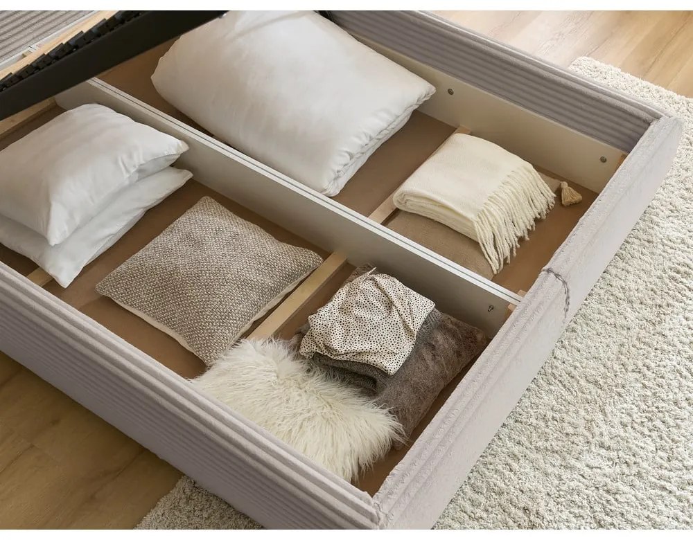 Bézs kárpitozott ágyneműtartós franciaágy ágyráccsal 160x200 cm Jade – Bobochic Paris