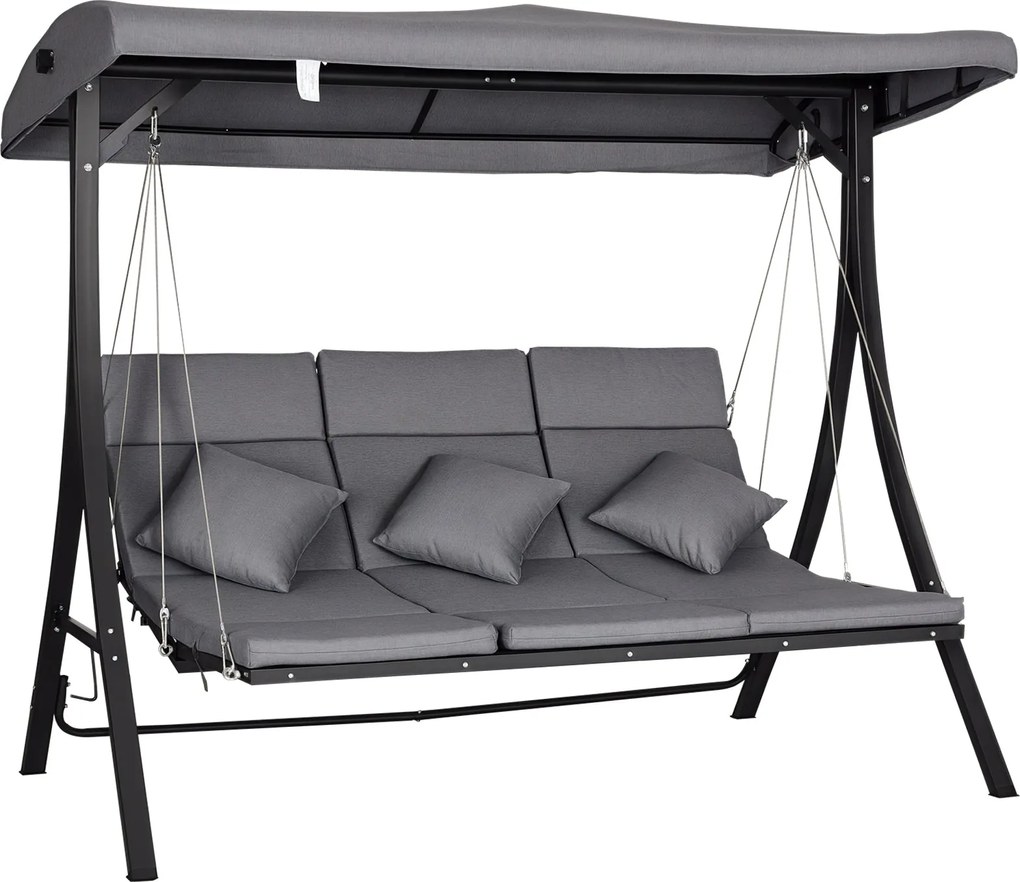 Outsunny 3-Fős Hollywoodi Hintaágy, Állítható Napernyővel, Párnákkal Ellátott Hinta, Maximum 270 kg Teherbírás, Fém, Textil, Szürke, 200 x 115 x 168 c