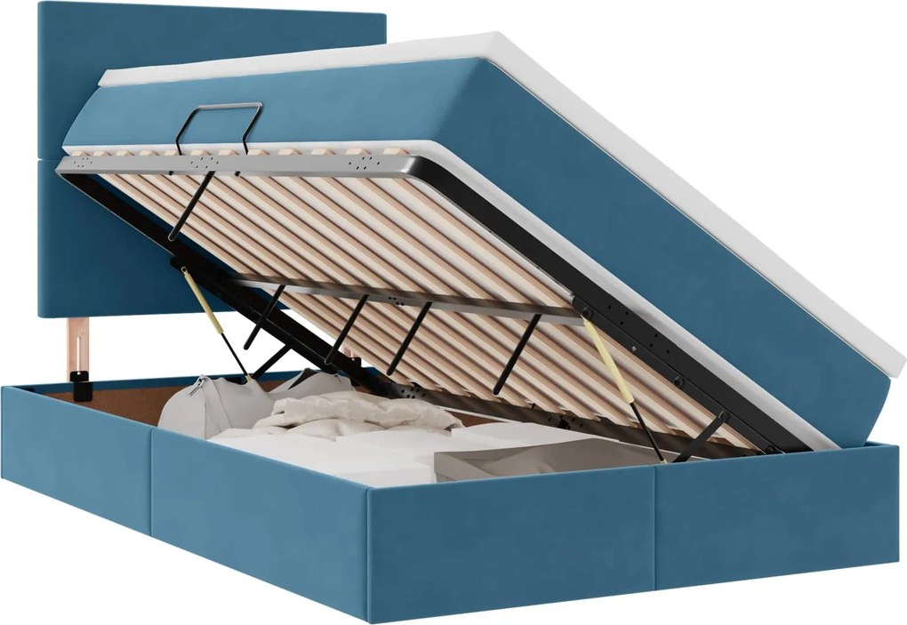 vidaXL Ágy tárolóval és LED lámpával leddel Kék 120 x 190 cm Bársony