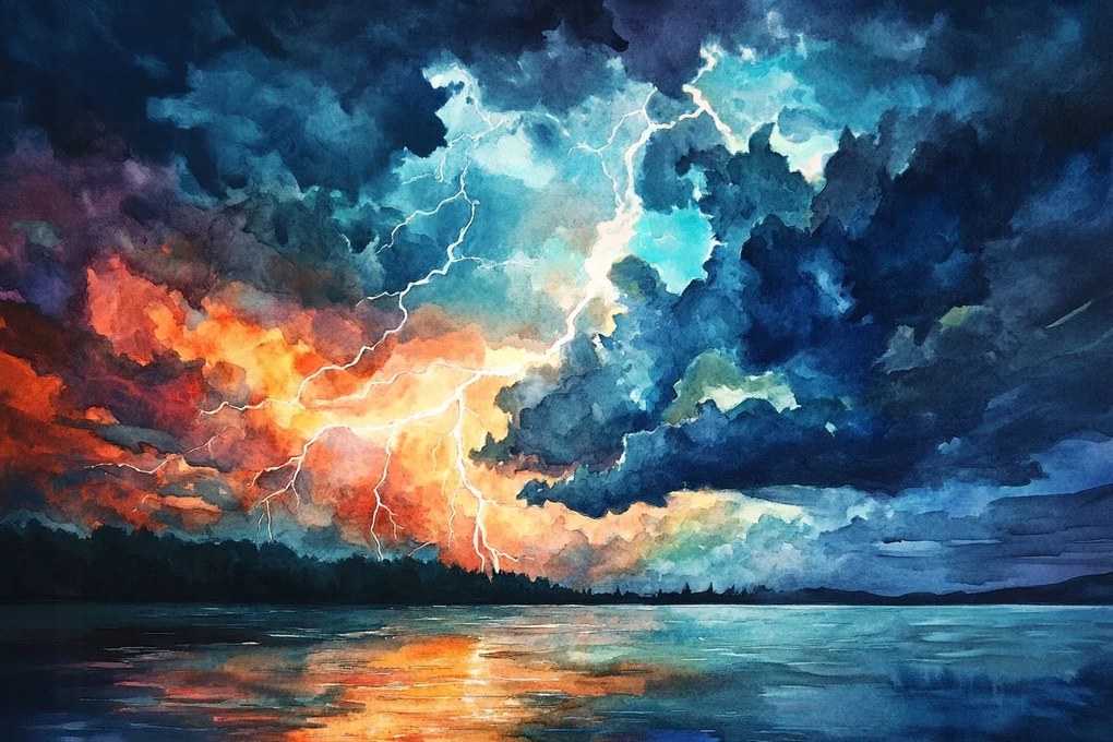 Vászonkép Canvas Tájkép Tó Folyó Víz Ég Vihar Villám 60x40