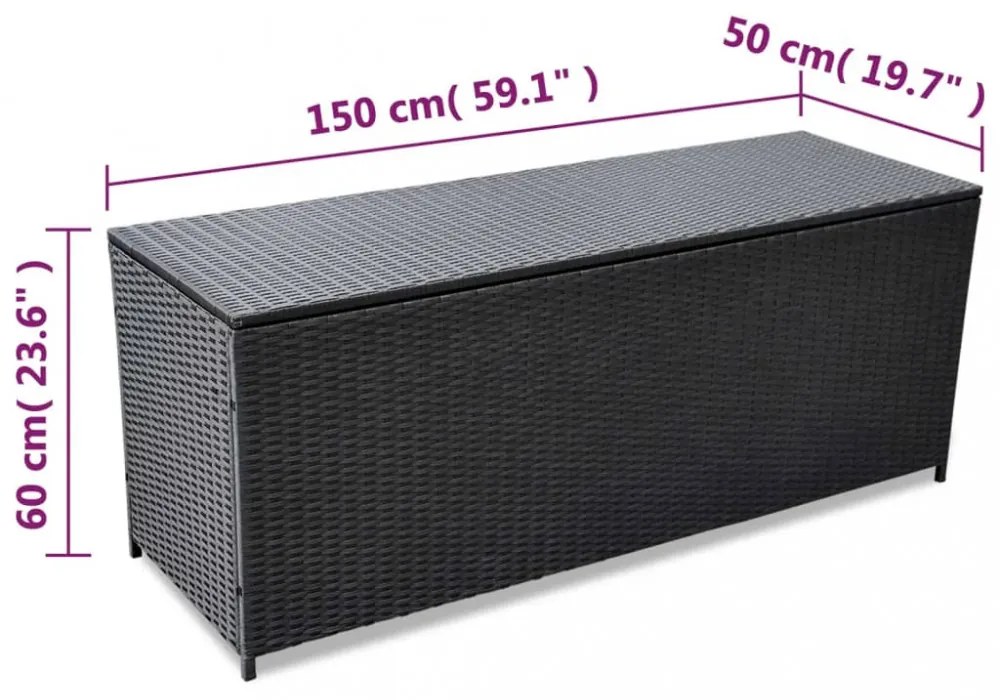 fekete polyrattan kerti tárolóláda 150 x 50 x 60 cm