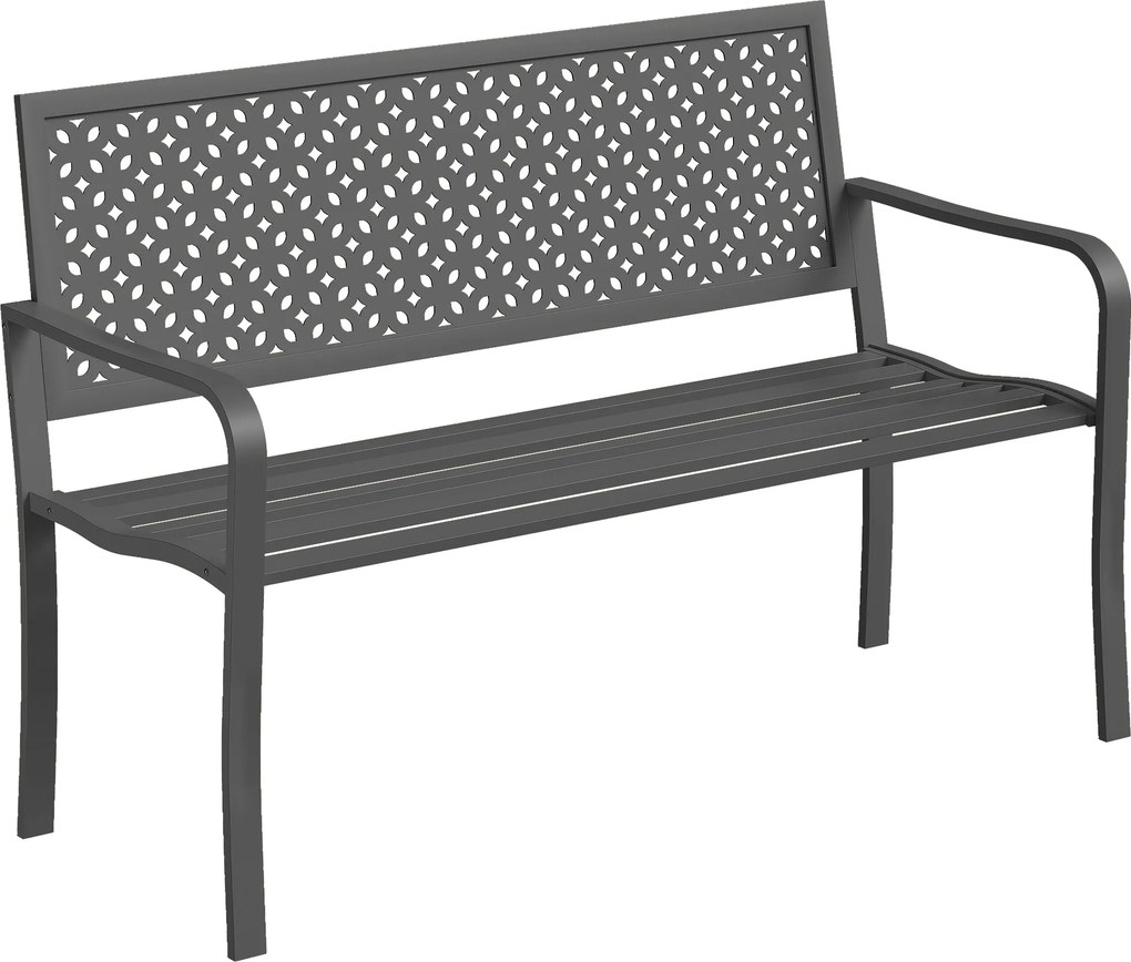 Outsunny 2 személyes fém kerti pad – időjárásálló, rozsdaálló lamellás acél háttámla, geometrikus dizájn, max. 240 kg, 127 x 61 x 85 cm, sötétszürke |