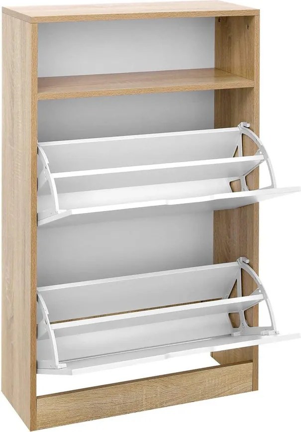 cipős szekrény, három polcos cipőtartó 2 ajtóval fehér-natúr