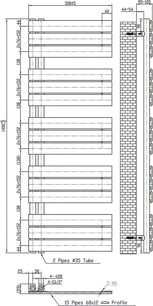 Solaro Design törölközőszárító radiátor 1400x500 mm fekete