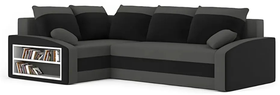 Grande sarokkanapé polcokkal , polc a bal karfaban, baloldali, szövet anyag, bonell töltet, szürke - fekete