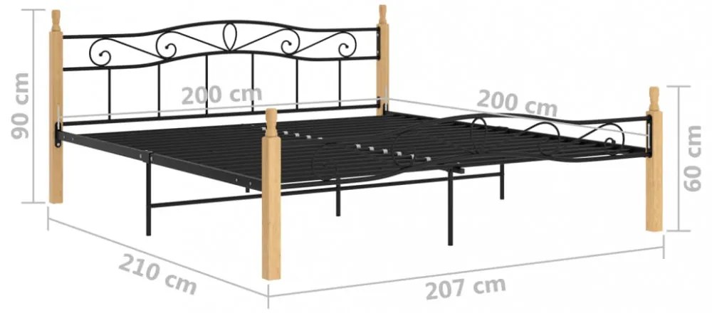 fekete fém és tömör tölgyfa ágykeret 200 x 200 cm