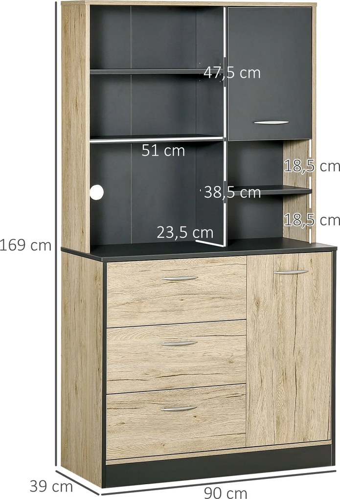 HOMCOM Konyhai Buffet Konyhaszekrény Több tárolóval 2 Ajtóval 3 Fiókkal 3 Polccal + Nagy Pult 90L x 39W x 169H cm Kéttonos Világos Tölgy-Szürke | Aoso