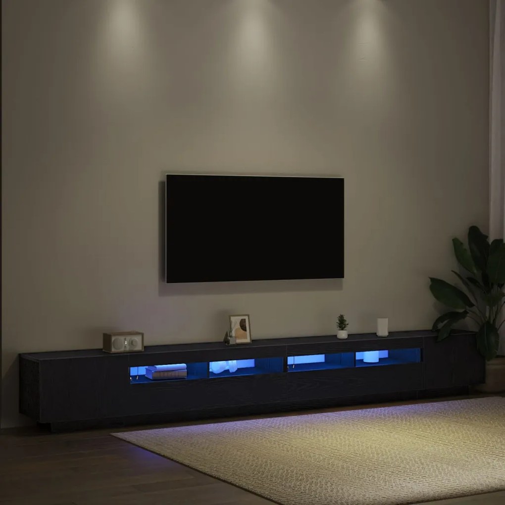 TV állvány LED világítással, fekete tölgyből, 300x35x40 cm, mérnöki fa