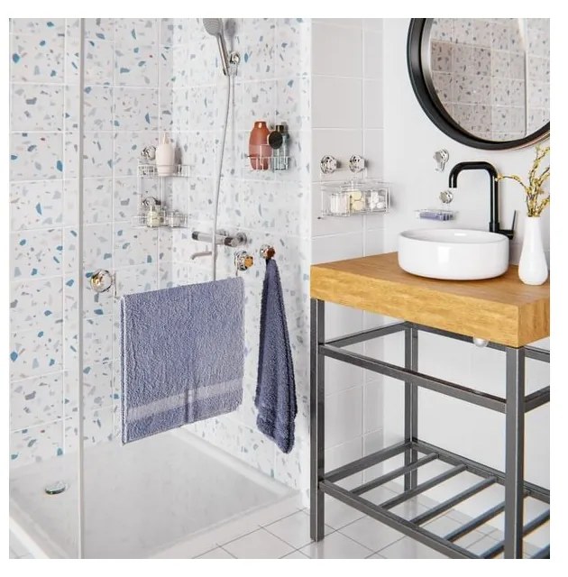 Ezüstszínű öntapadós fém fürdőszobai sarokpolc Bestlock Bath – Compactor