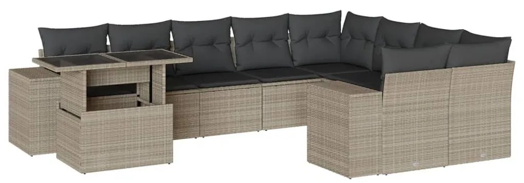 10 részes világosszürke polyrattan kerti ülőgarnitúra párnákkal
