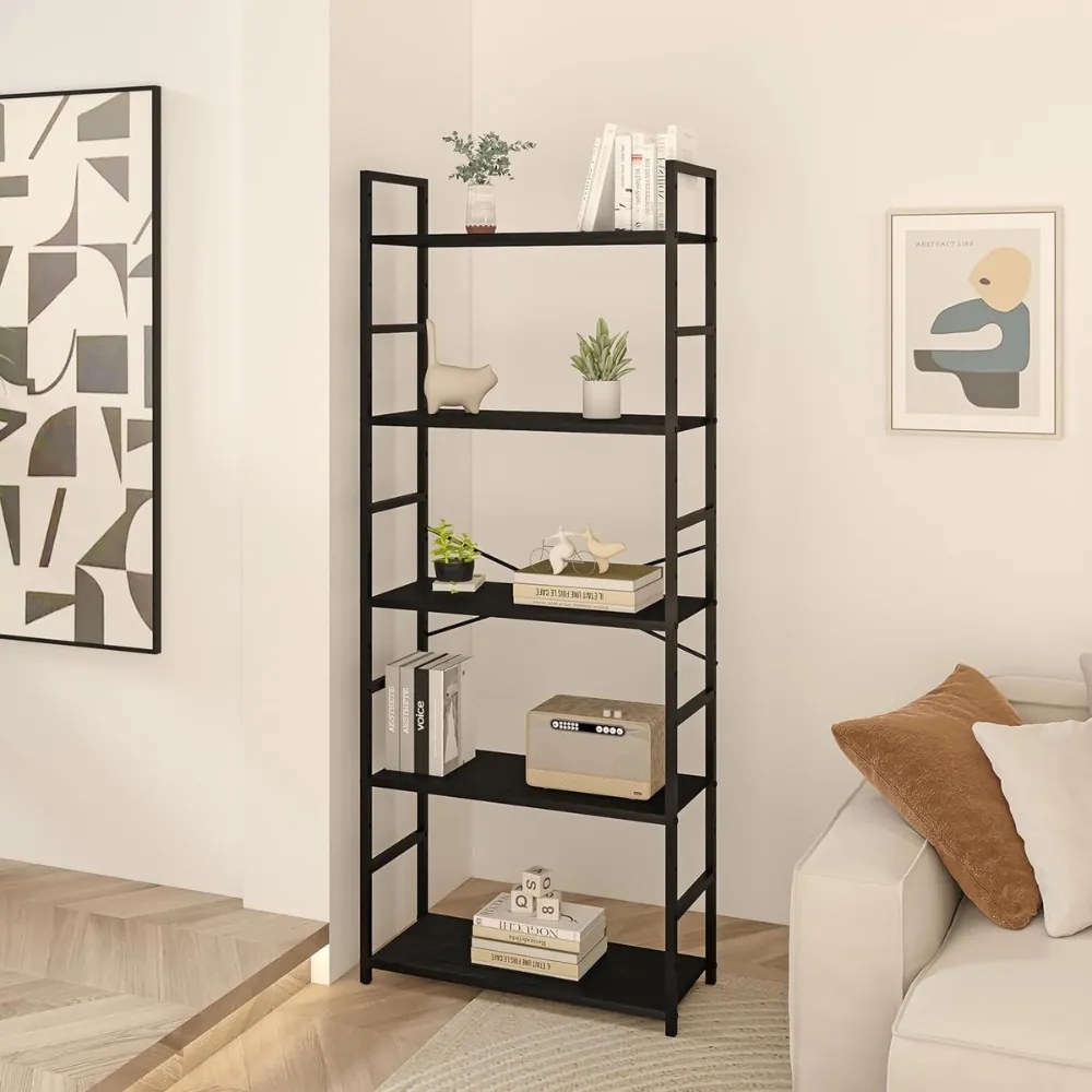 Fekete 5 szintes nyitott könyvespolc, tároló állvány fém lábakkal - 59x144cm Intenso