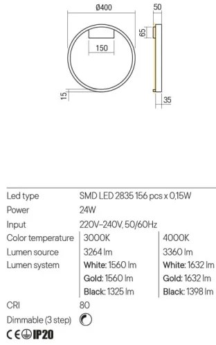 Redo 01-2817 - LED Dimmelhető fali lámpa FEBE LED/24W/230V arany