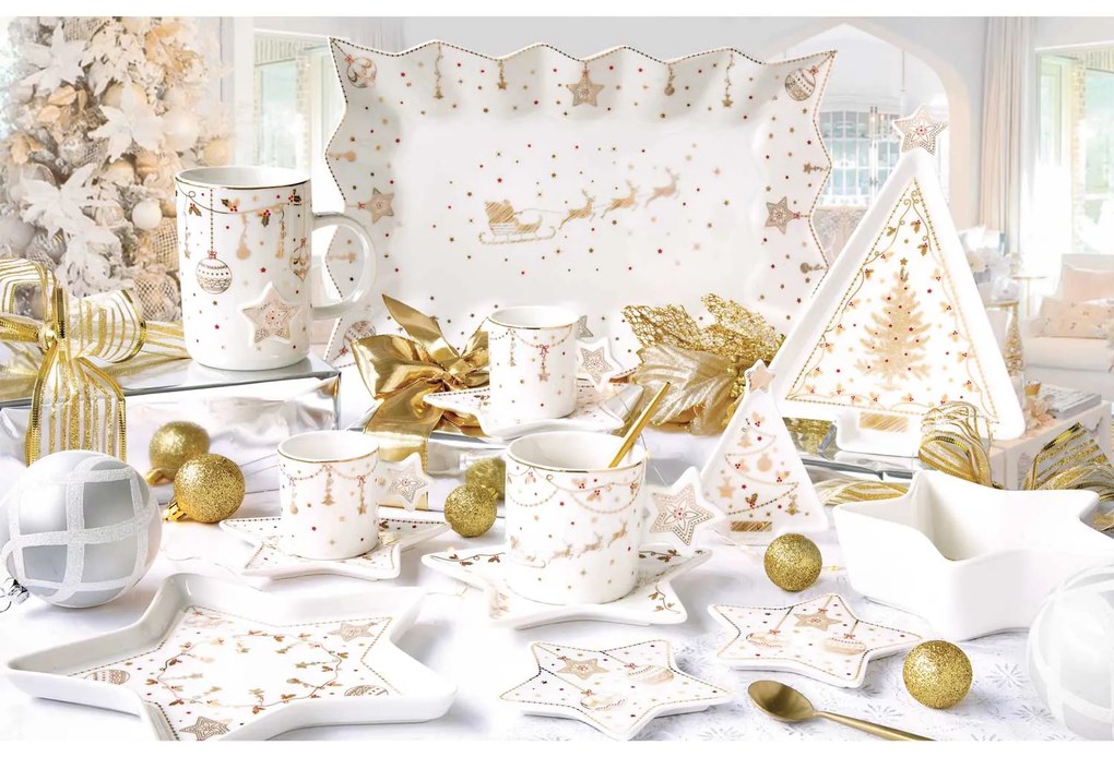 Christmas Lights fehér arany karácsonyi porcelán kínáló tálca 35x23 cm