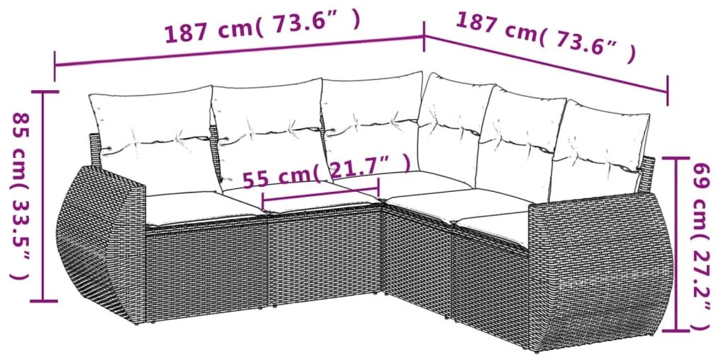 5 részes világosszürke polyrattan kerti ülőgarnitúra párnákkal