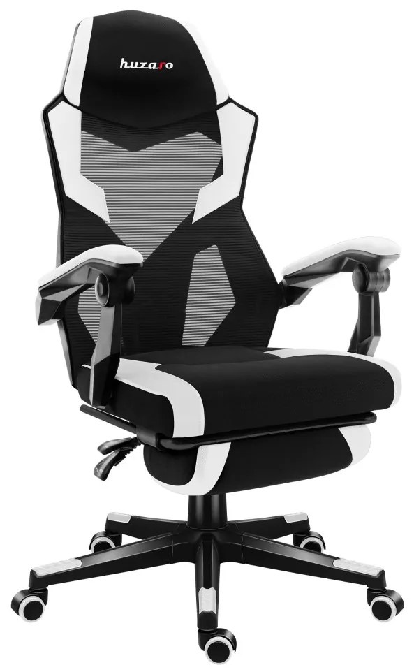 Gamer szék, lábtartó, lélegző anyag, ergonómikus kartámaszok, fekete-fehér