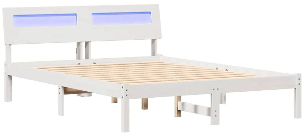 Ágykeret LED -es lámpákkal Fehér 140 x 190 cm Tömör fenyőfa