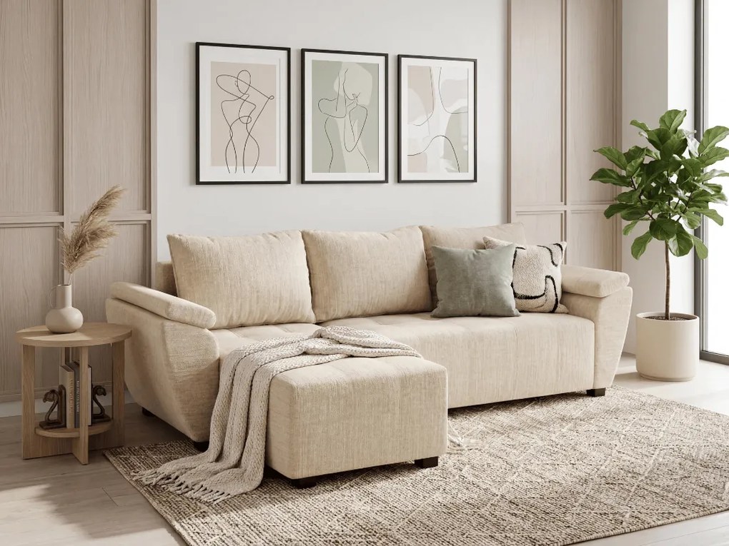 Kihajtható, kétoldalas L-alakú ülőgarnitúra LIVARO 251x140 cm, krémszínű