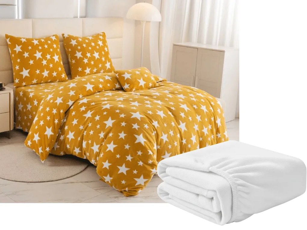 Mikroplüss ágyneműhuzat szett HVĚZDY sárga-narancssárga + mikroplüss lepedő SOFT 180x200 cm fehér, franciaágyhoz
