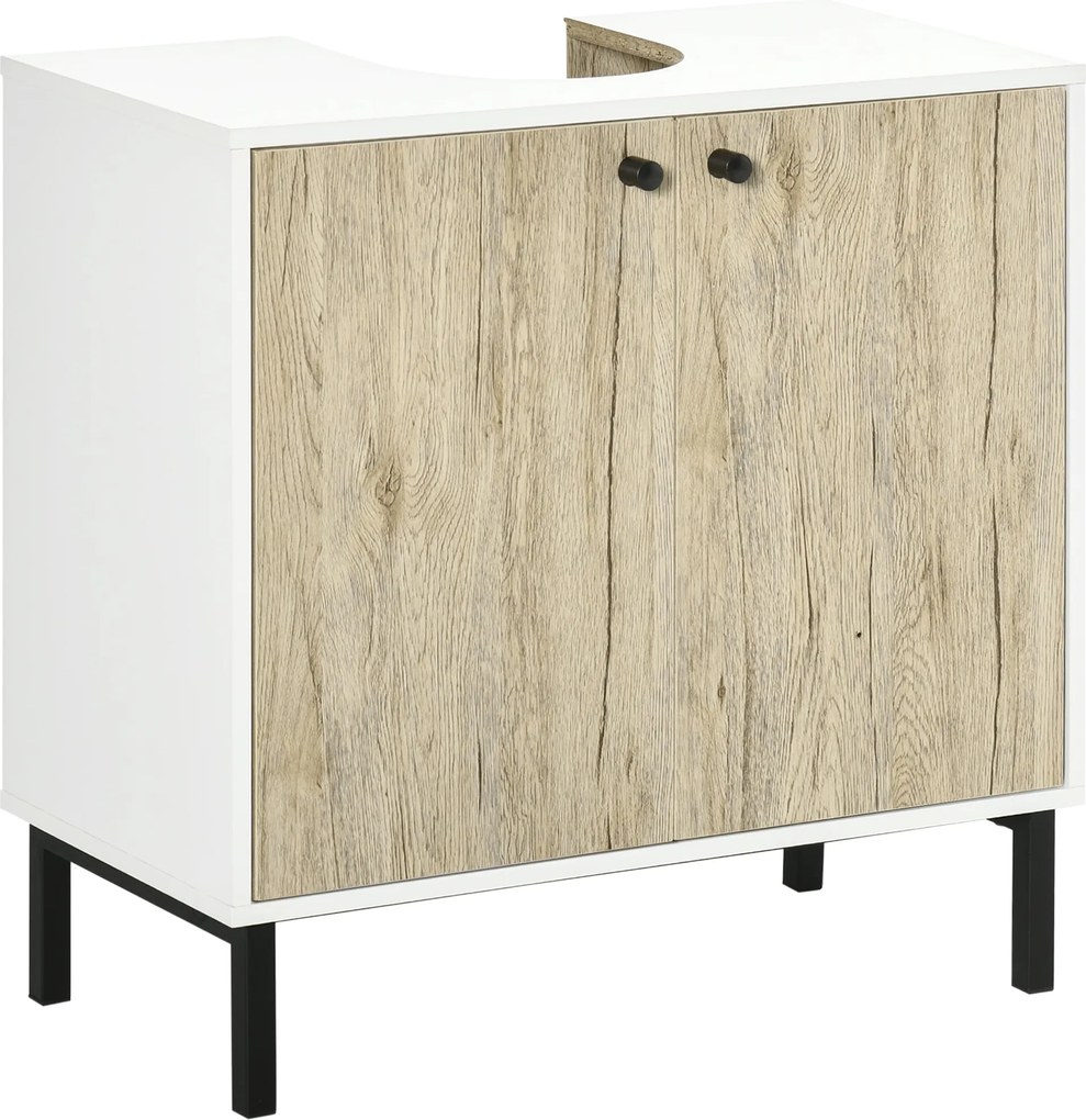 kleankin Fürdőszoba Tárolószekrény Mosdó Alá - Fém Lábakkal, Kétajtós, 60 x 30 x 60 cm - Fehér és Fa Szín | Aosom
