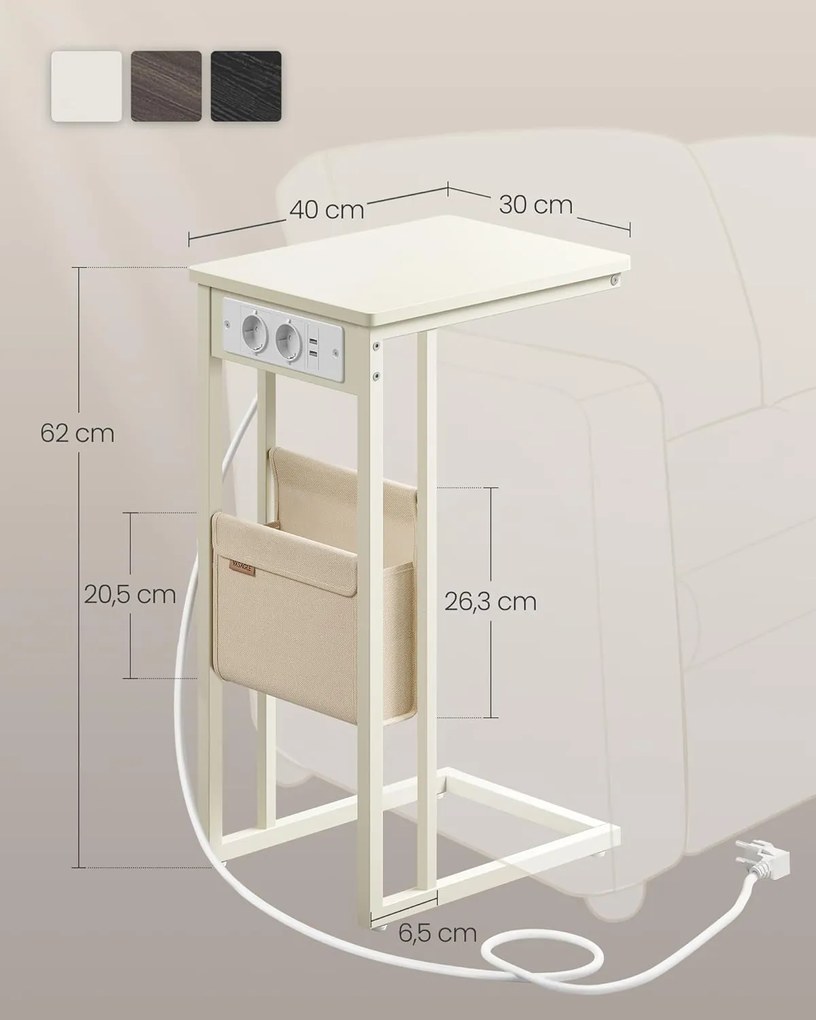 Oldalasztal, éjjeliszekrény beépített elosztóval krémfehér színben