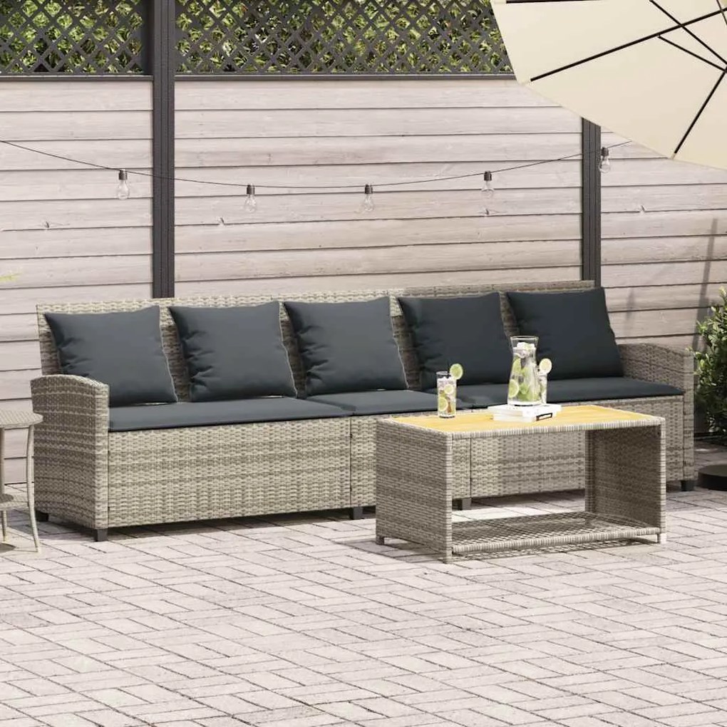 5 személyes világosszürke polyrattan kerti kanapé párnával