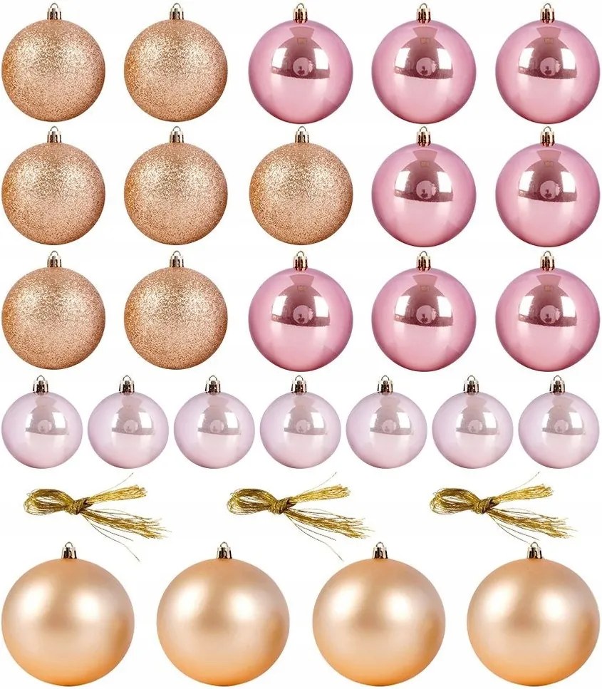 26x Karácsonyi gömbök Törhetetlen Arany Rózsaszín gömb szett