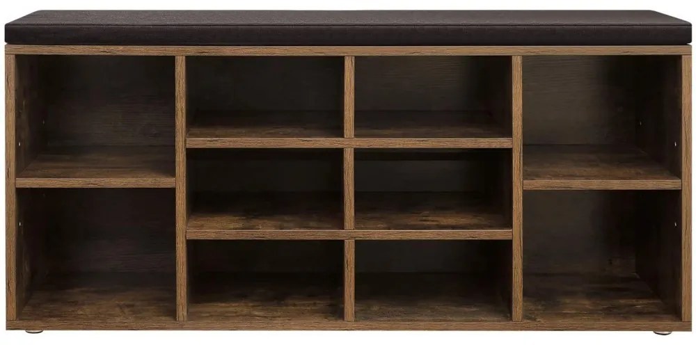 GABI cipősszekrény párnázott ülőkével, 10 rekesz, 104x30x48cm, fekete/sötét barna Vasagle