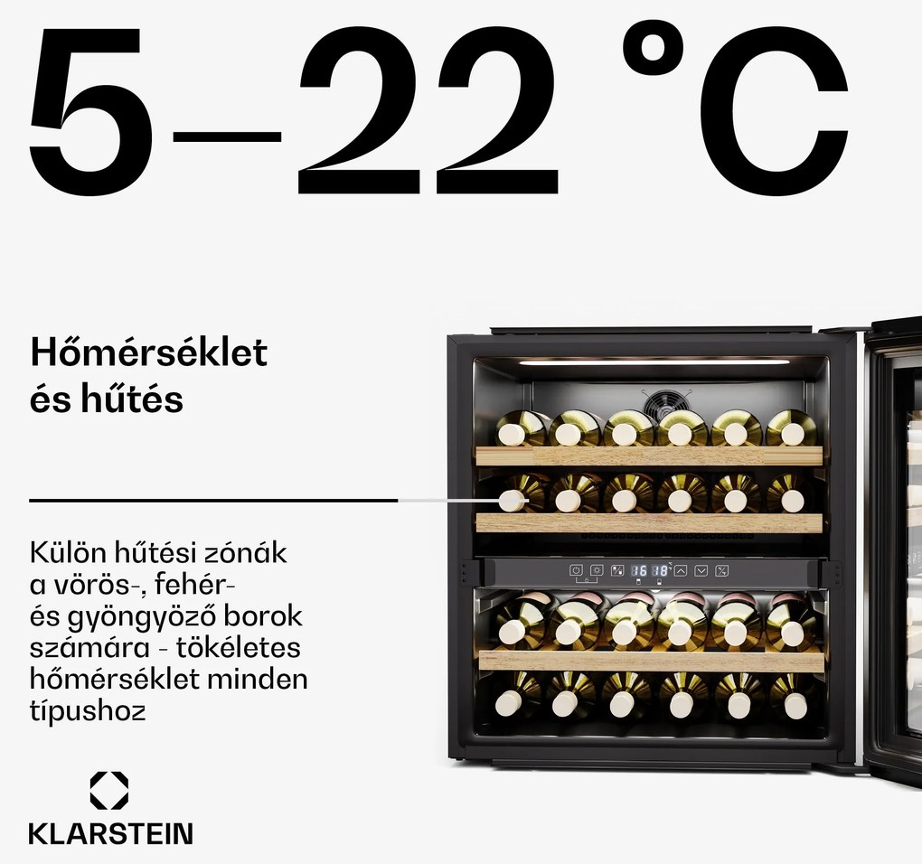 Klarstein Rhone 36 Duo borhűtő, 36 palack, LED vezérlés, push-to-open, csendes