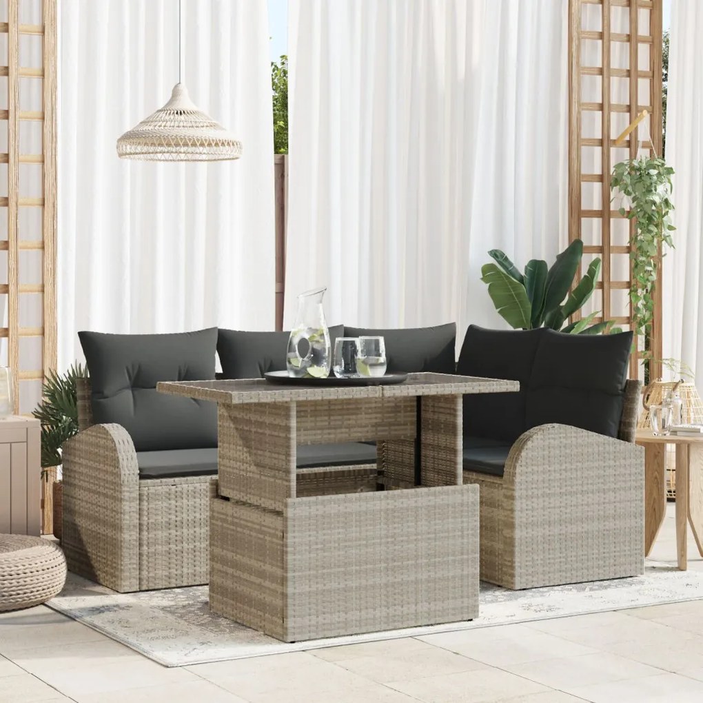5 részes Kerti kanapékészlet párnákkal világosszürke poli rattan, 2 személyes kerti kanapé tárolóval és párnákkal világosszürke poli rattan