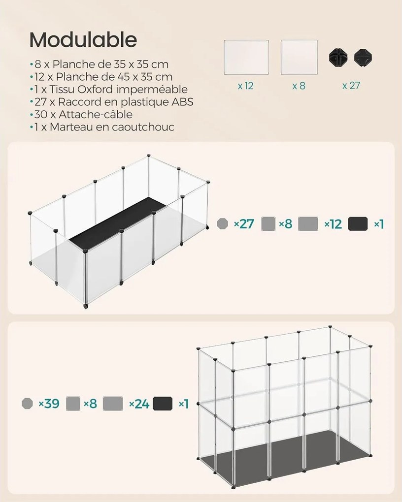 SONGMICS moduláris kisállat-kifutó aljjal, kivehető Oxford szövet szőnyeggel, 143 × 73 × 46 cm, fehér