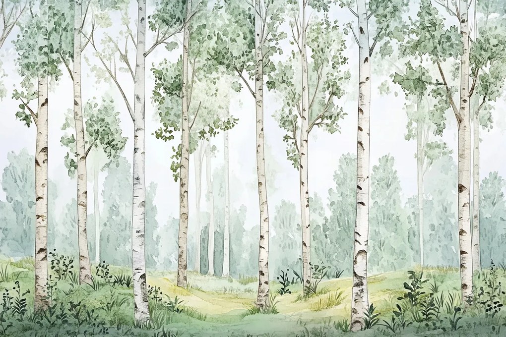 Fotótapéta Flizelina Tájkép Zöld Erdő Park Nyírfák 312x219 ragasztó