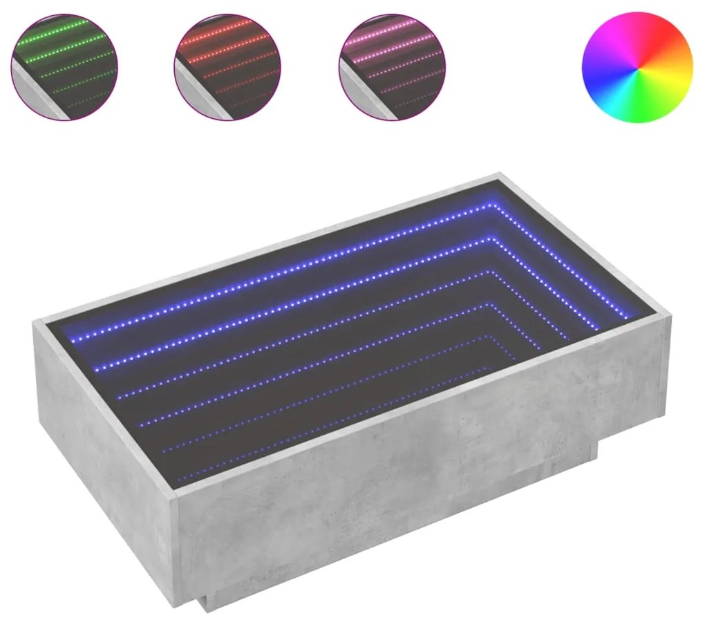 Betonszürke szerelt fa dohányzóasztal LED-del 90 x 50 x 30 cm