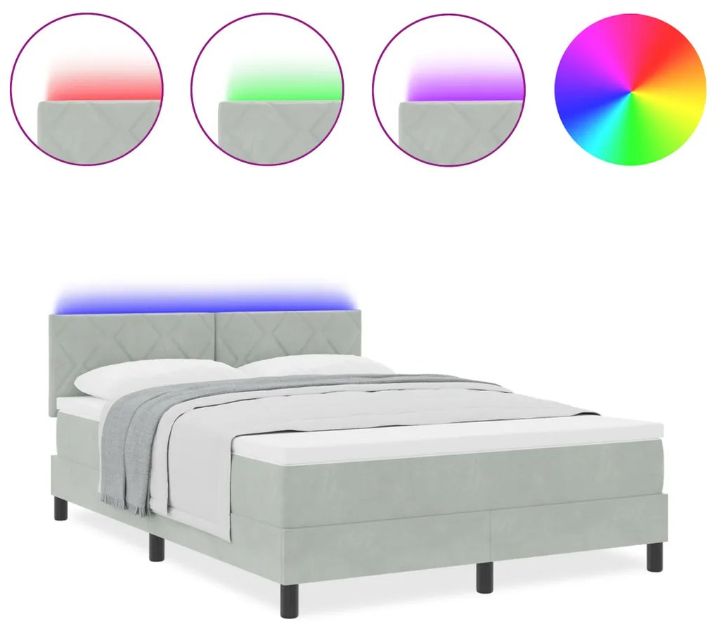 vidaXL LED Box Spring Ágy matracmal Világosszürke 140 x 190 cm Bársony