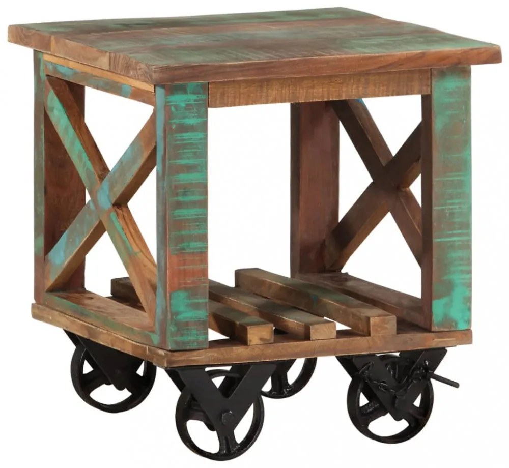 tömör újrahasznosított fa kisasztal kerekekkel 40 x 40 x 42 cm