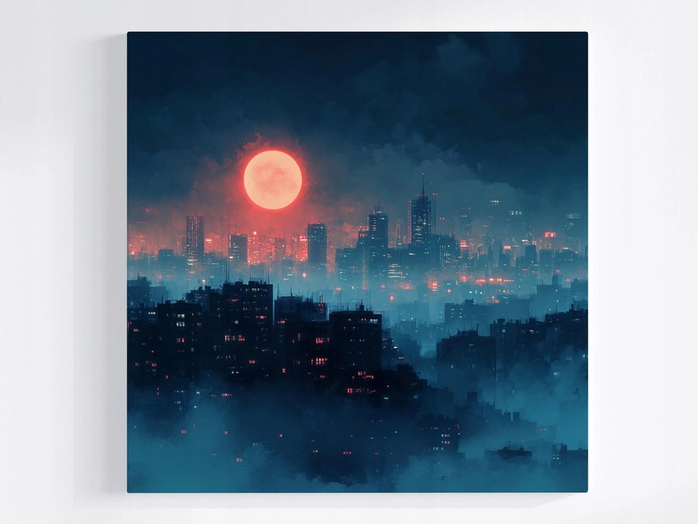 Poszter Város Felhőkarcolók Éjszakai Blokkok Vörös Hold 80x80