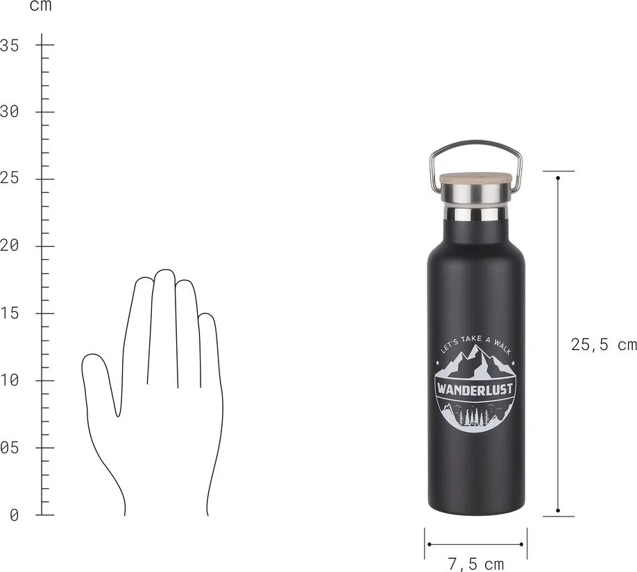 WANDERLUST termosz füllel és bambusz kupakkal, fekete 650ml