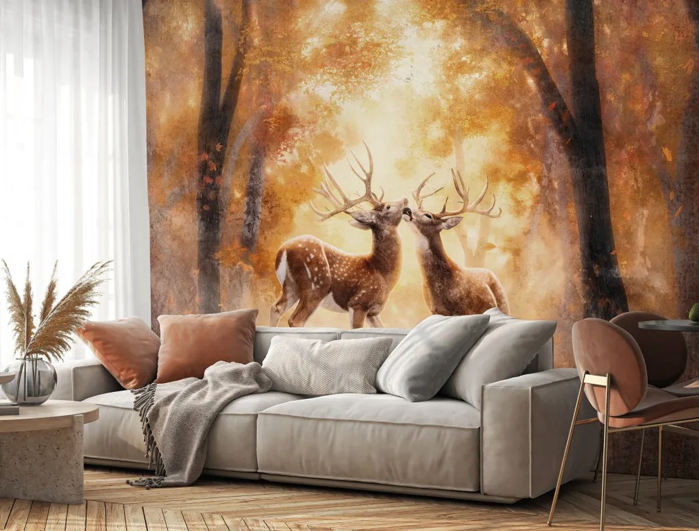 Két szarvas az őszi erdőben poszter, fotótapéta, Vlies (208 x 146 cm)