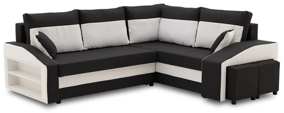Grande sarokkanapé polcokkal és puffokkal , polc a bal karfaban puffok a jobb karfaban, jobboldali, szövet anyag, bonell töltet, fekete - fehér