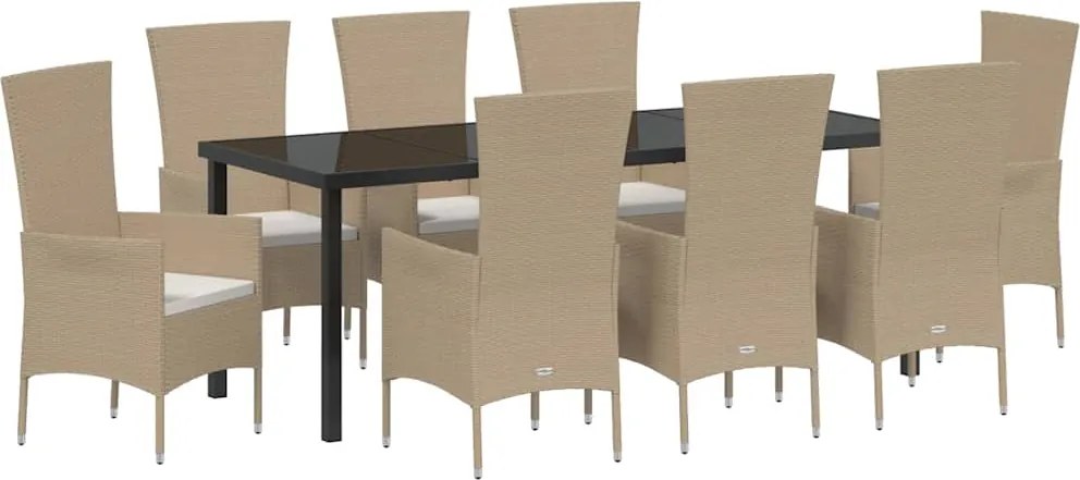 vidaXL Kert étkező szett párnával 9 pcs Bézs polirattan